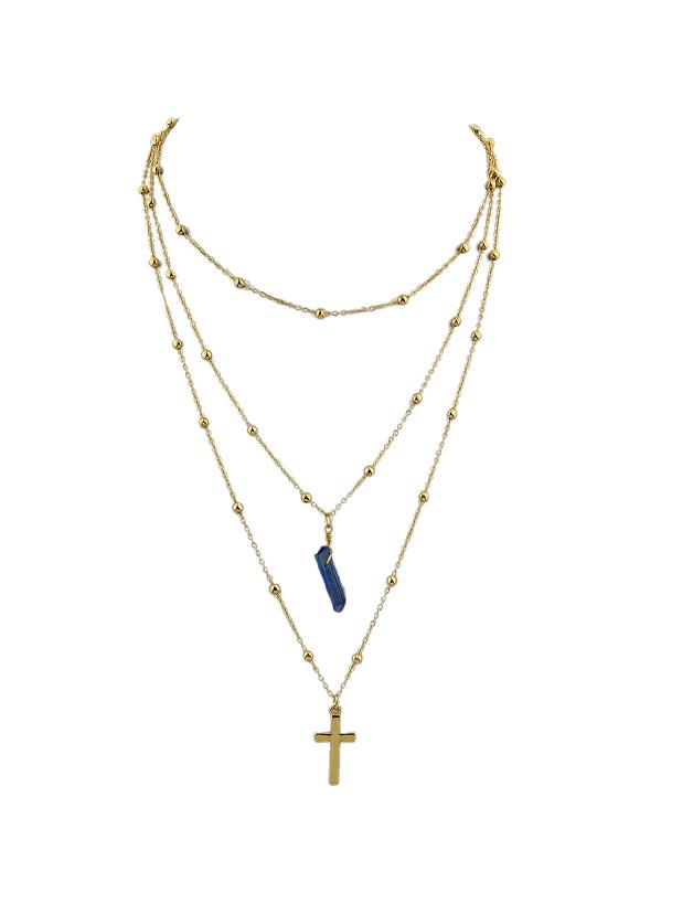 Romwe Blue Cross Natural Stone Multilayer Necklace Sweater Chain Necklace