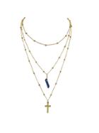 Romwe Blue Cross Natural Stone Multilayer Necklace Sweater Chain Necklace