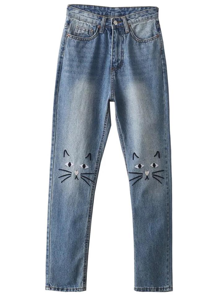 Romwe Blue Cat Embroidery Skinny Jeans