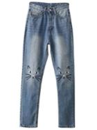 Romwe Blue Cat Embroidery Skinny Jeans