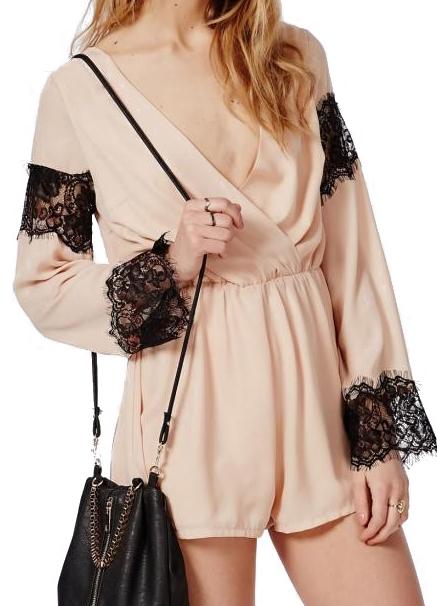 Romwe V Neck Lace Embellished Jumpsuit