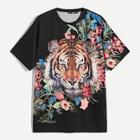Romwe Guys Tiger And Floral Print Tee
