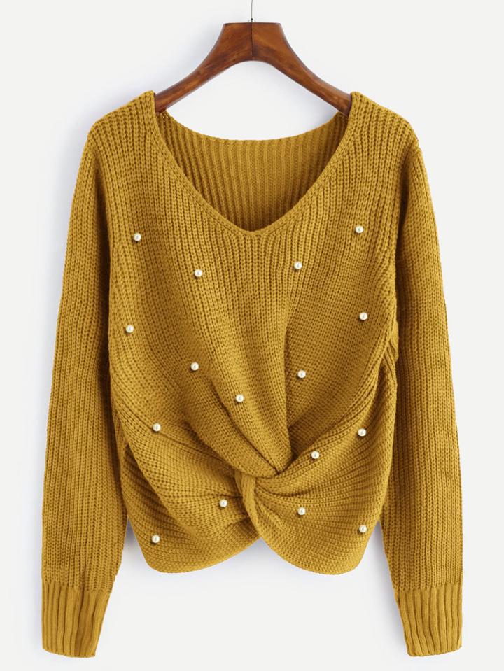 Romwe Pearl Beaded Detail Twist Sweater