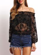 Romwe Black Off The Shoulder Sheer Mesh Blouse
