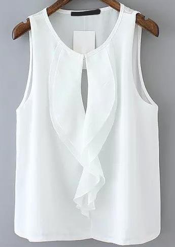 Romwe Ruffle Hollow Chiffon White Tank Top