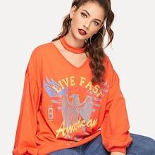 Romwe Letter & Animal Print Pullover With Choker