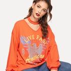 Romwe Letter & Animal Print Pullover With Choker