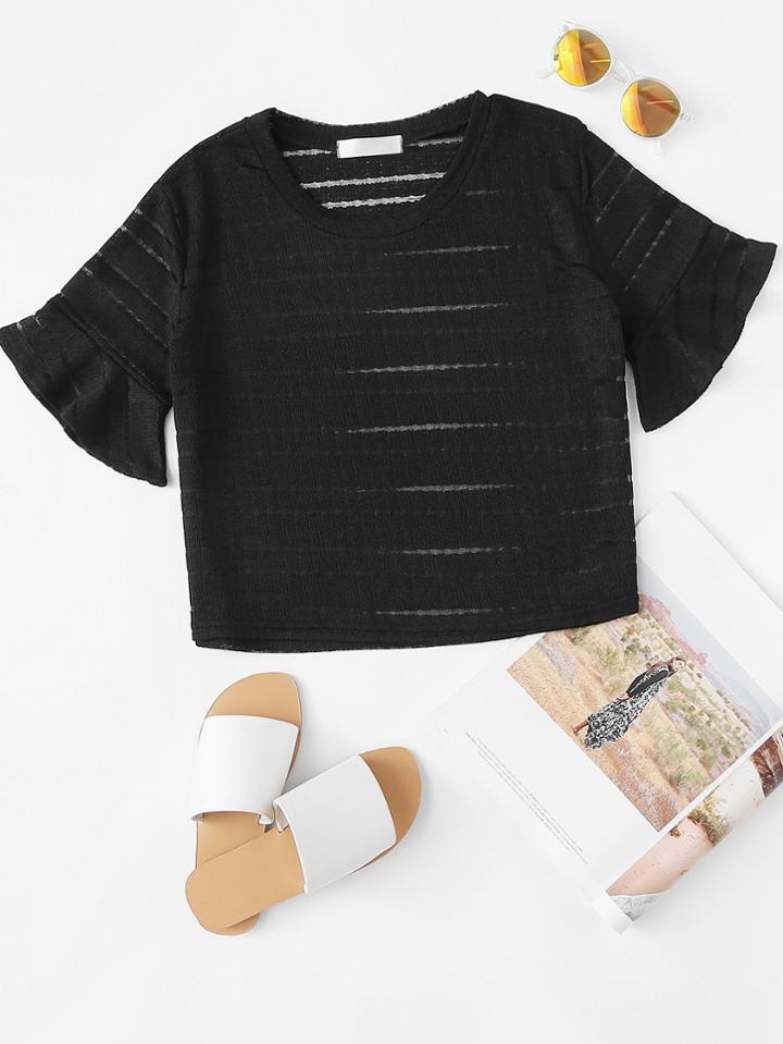 Romwe Sheer Mesh Panel Fluted Sleeve Tee