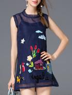 Romwe Navy Gauze Embroidered Sequined Shift Dress