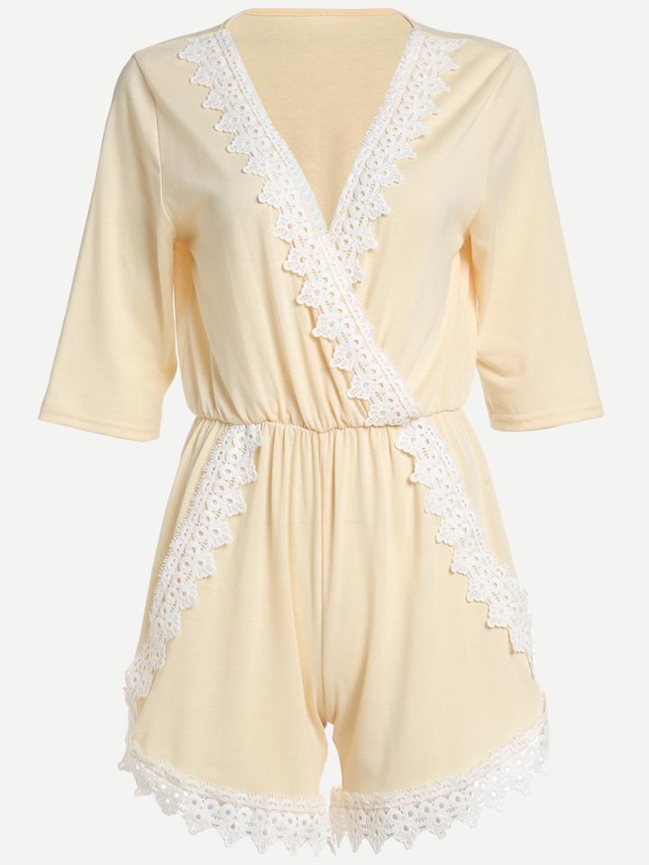 Romwe Beige Surplice Front Lace Trim Romper