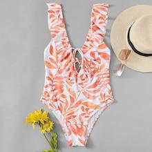 Romwe Random Leaf Print Lace Up Ruffle One Piece Swimsuit