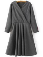Romwe Grey V Neck Button Sleeve Wrap Dress