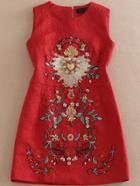 Romwe Sleeveless Embroidered Bead Red Dress