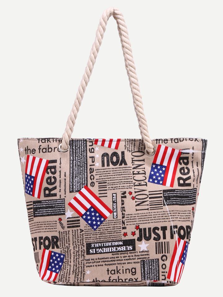 Romwe Khaki Letter And Flag Print Canvas Shopper Bag