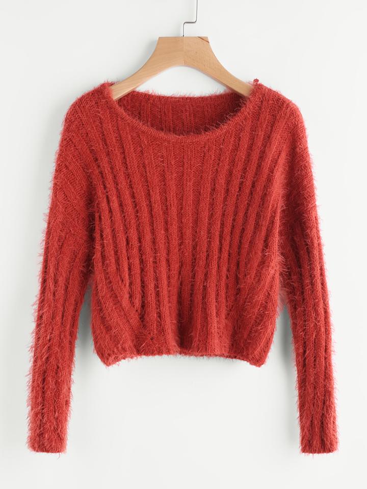 Romwe Rib Knit Crop Fuzzy Jumper