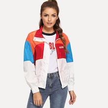 Romwe Zip Up Color Block Mock Neck Jacket