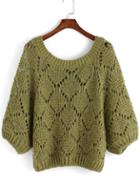 Romwe Open-knit Loose Green Sweater