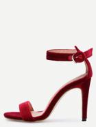 Romwe Burgundy Open Toe Ankle Strap Velvet Stiletto Sandals