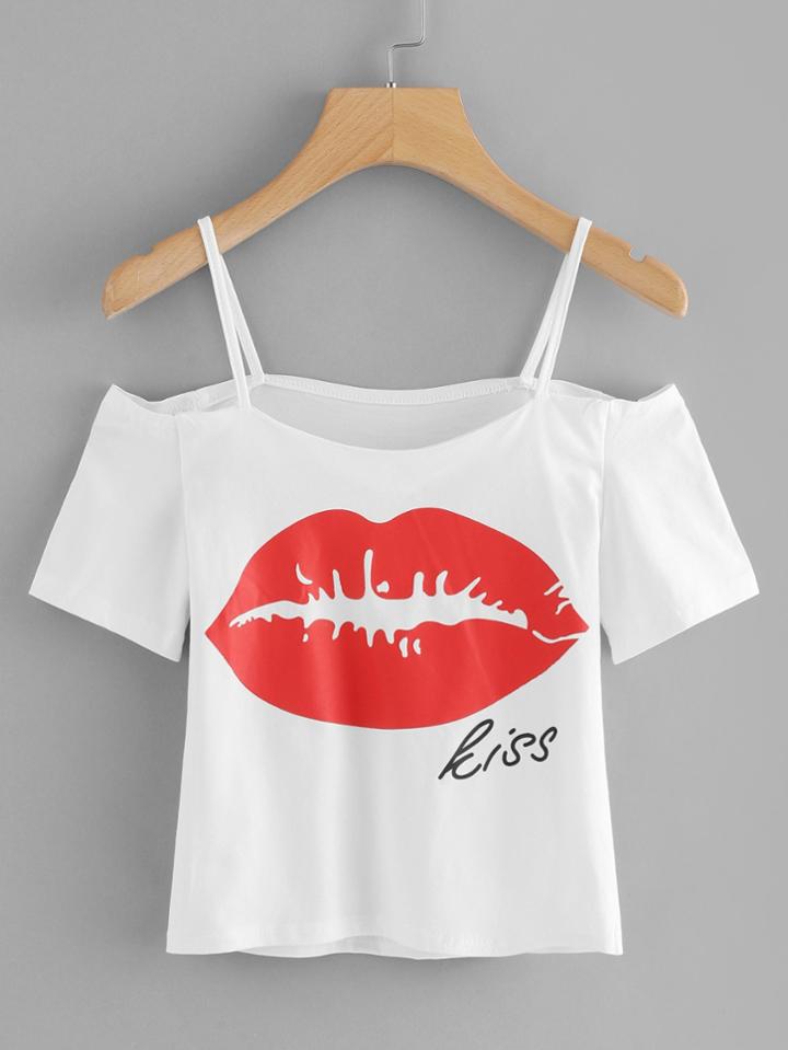 Romwe Cold Shoulder Lip Print T-shirt