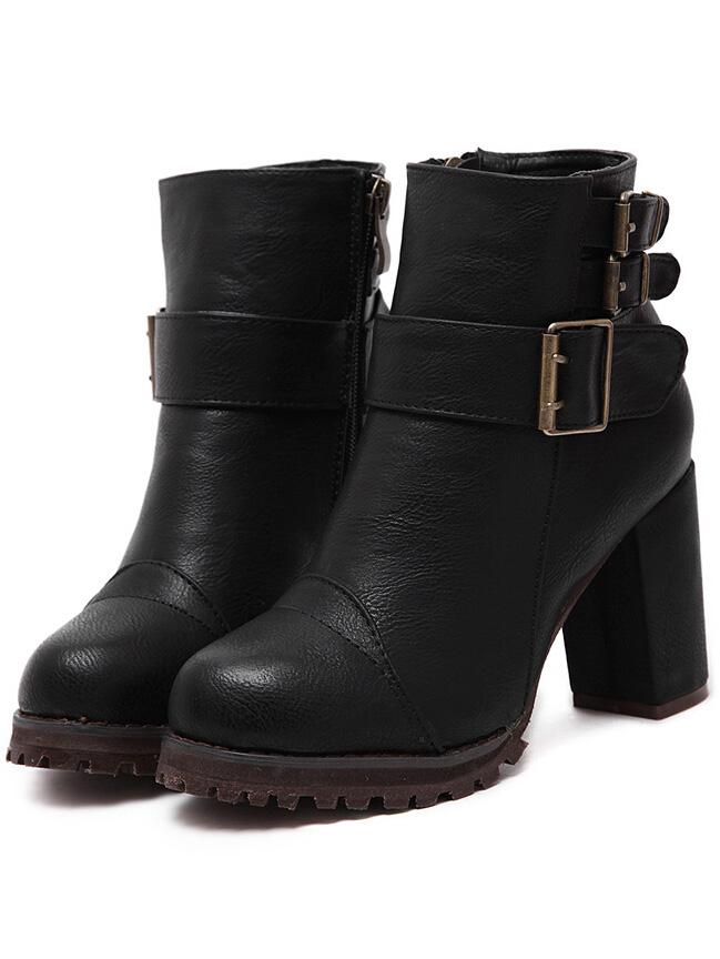 Romwe Black Buckle Strap Zipper Pu Chunky Boots