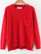 Romwe Red Ripped Dip Hem Sweater With Pocket