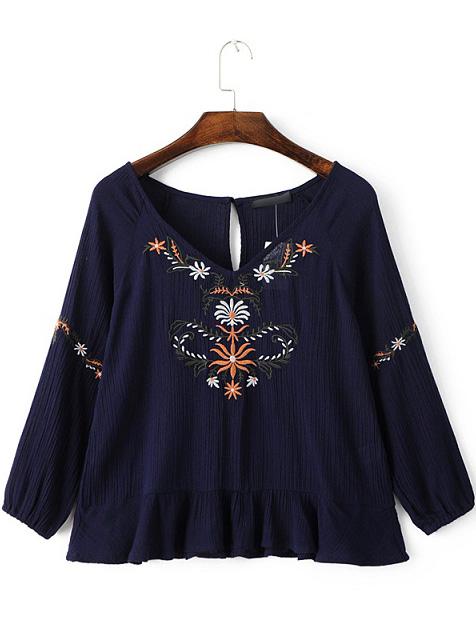 Romwe Navy Flower Embroidery Drop Waist Hem Blouse