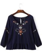 Romwe Navy Flower Embroidery Drop Waist Hem Blouse