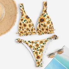 Romwe Random Frilled Strap Knot Back Sunflower Bikini Set