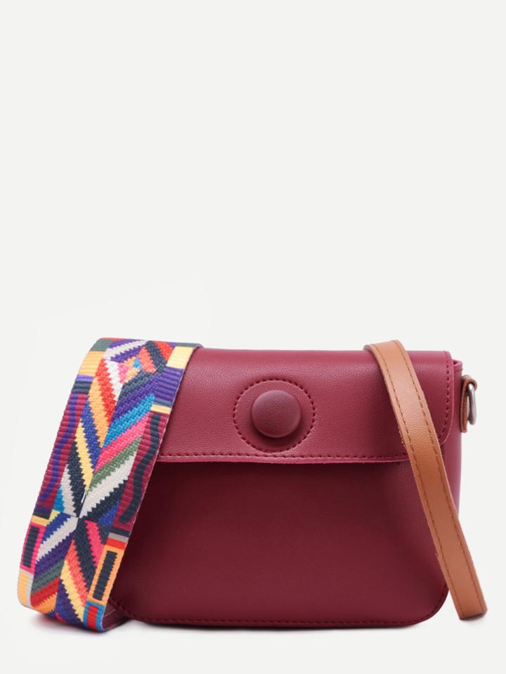 Romwe Burgundy Geometric Strap Leather Button Closure Crossbody Bag