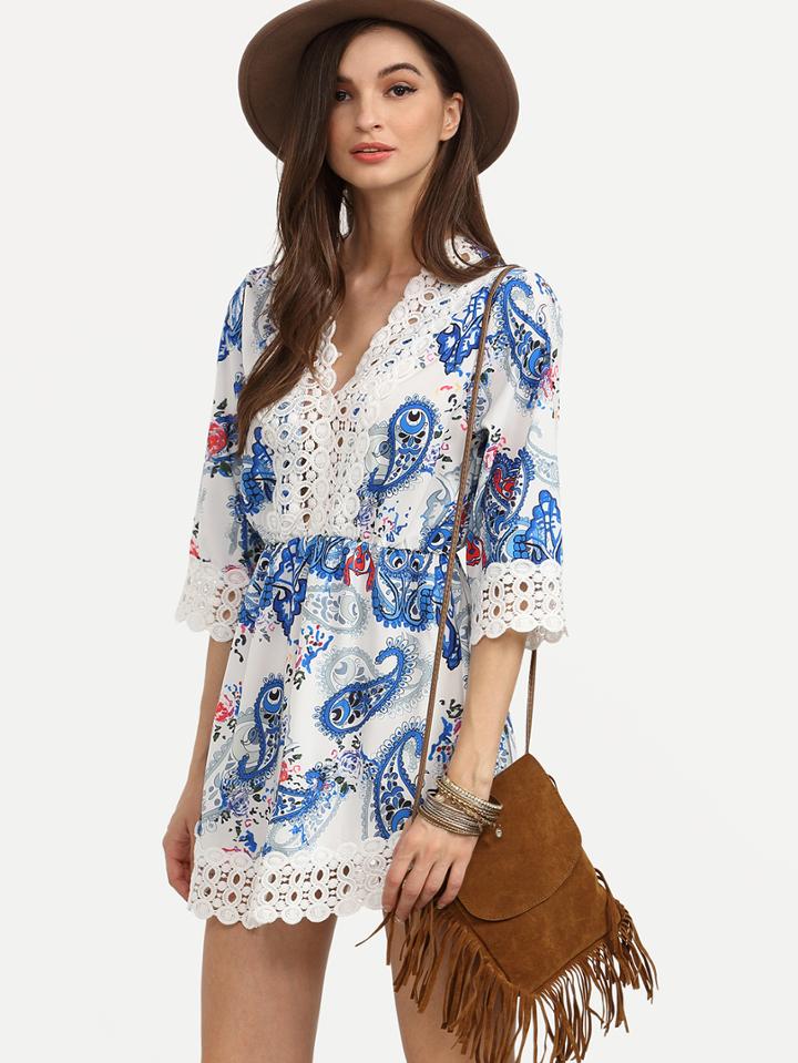 Romwe Blue Paisley Print Lace Trimmed Dress