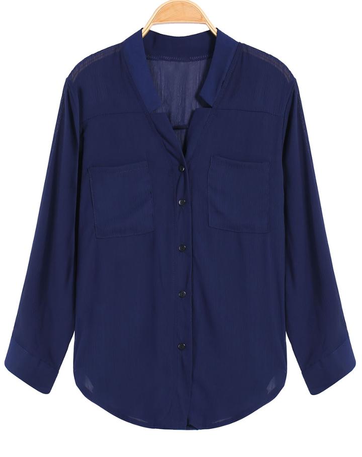 Romwe Pockets Loose Blue Blouse