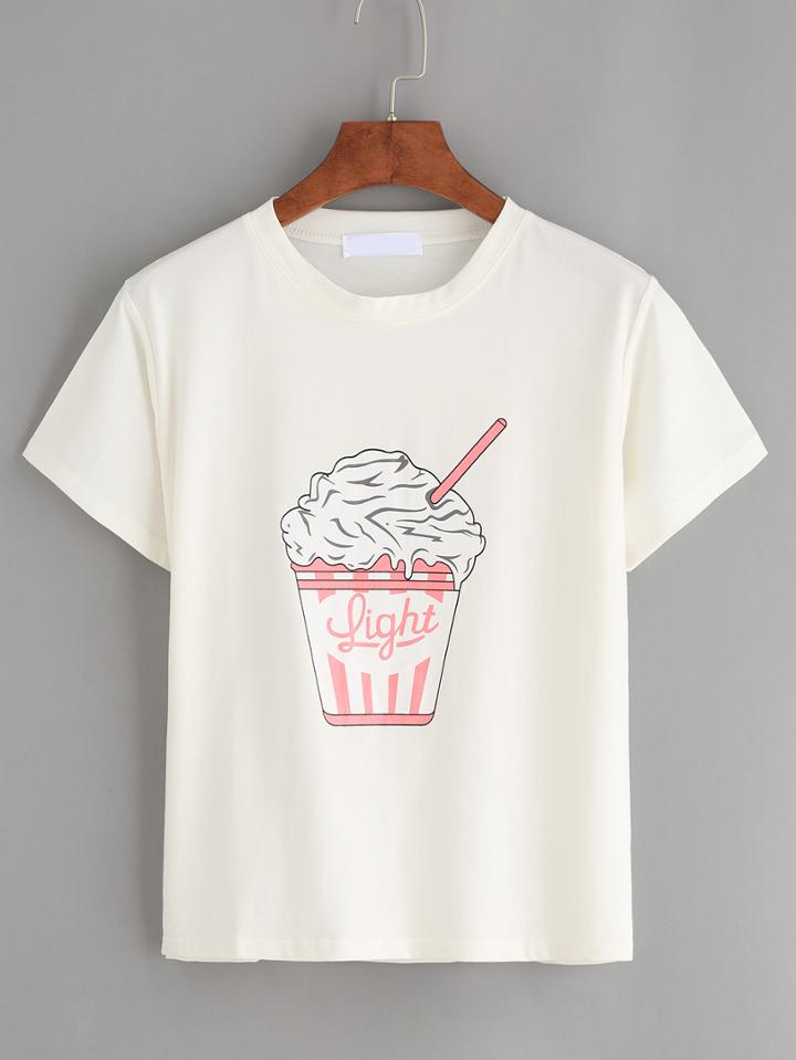 Romwe Beige Ice Cream Print T-shirt