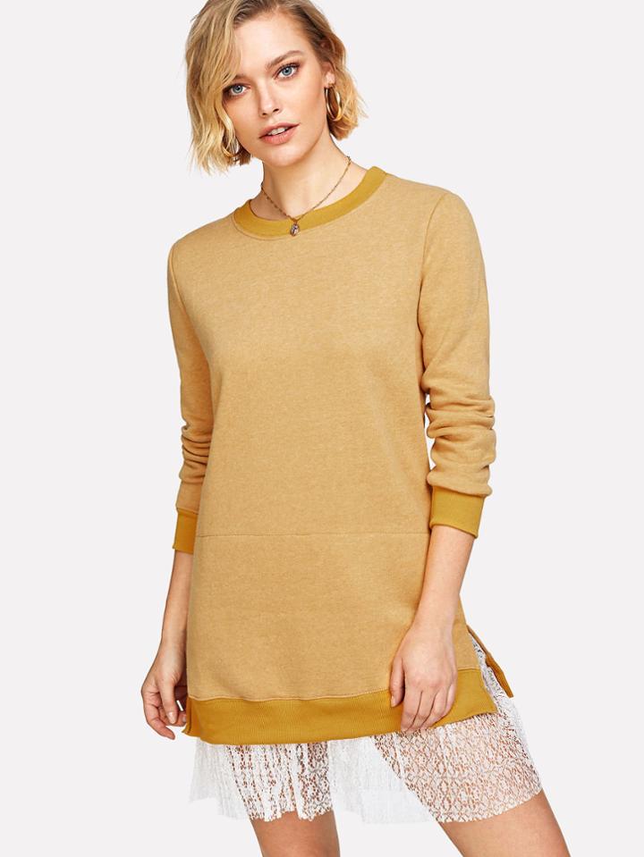 Romwe Lace Panel Split Side Sweatshirt Dress