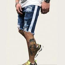 Romwe Guys Ripped Side Tape Denim Shorts