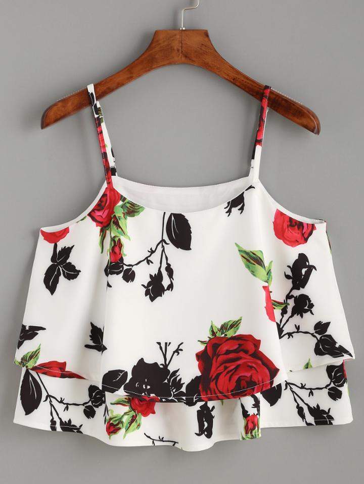 Romwe White Rose Print Layered Cami Top