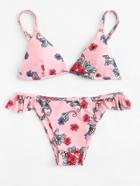 Romwe Flower Print Ruffle Detail Bikini Set
