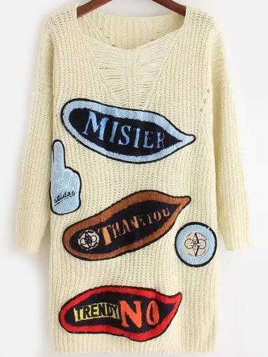 Romwe Flocked Patch Long Beige Sweater