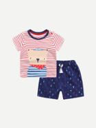Romwe Cute Dog Striped Tee And Anchor Shorts
