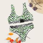 Romwe Zebra & Leopard Buckle Top With Lace-up Bikini Set