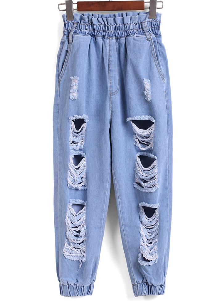 Romwe Elastic Waist Ripped Denim Beam Port Pale Blue Pant