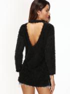 Romwe Black V Back Split Side Fuzzy Sweater