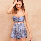 Romwe Scarf Print Tie Back Tube Crop Top & Shorts Set