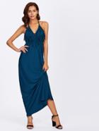 Romwe Fringe Trim Plunge Halter Dress