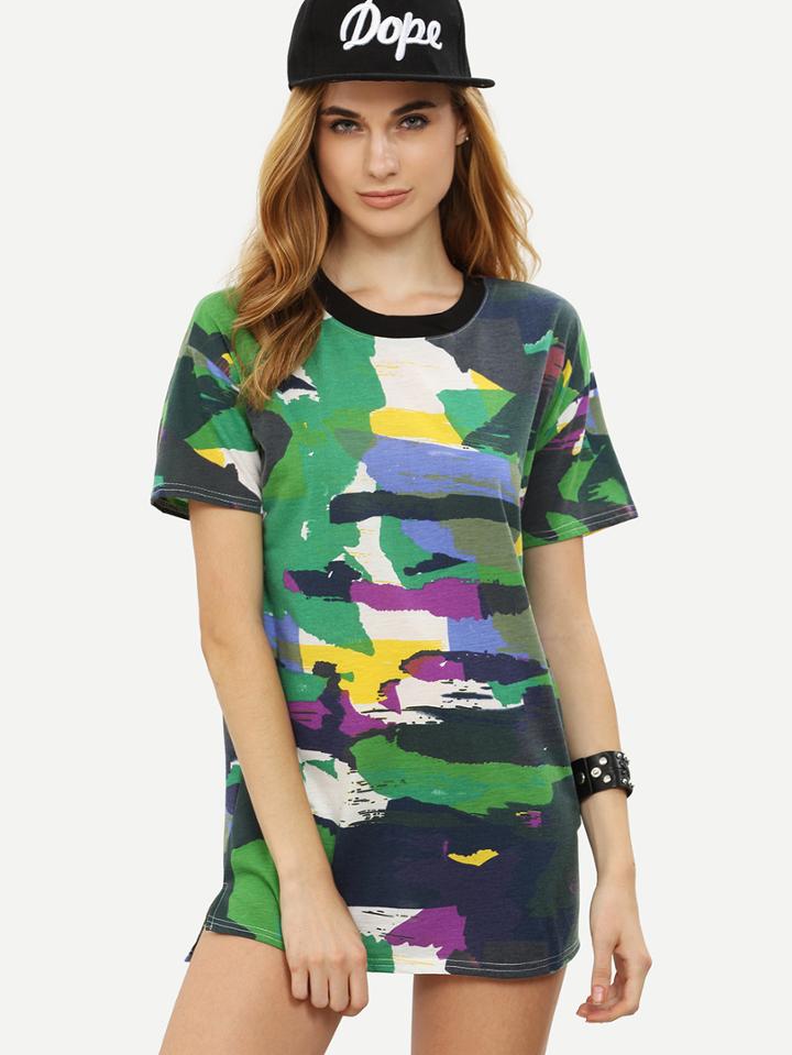 Romwe Multicolor Camo Print Contrast Neck Tee Dress