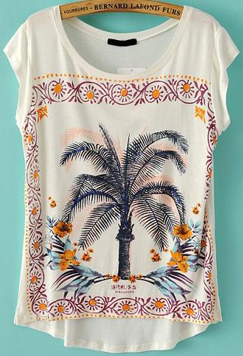 Romwe Coconut Tree Print Dip Hem T-shirt
