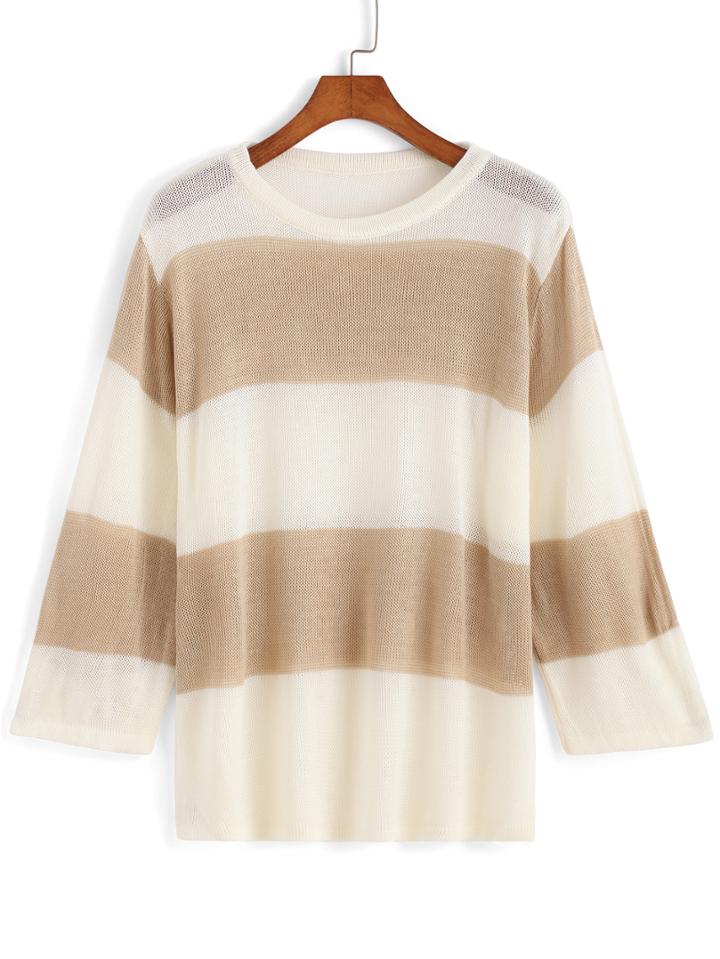 Romwe Striped Knit Khaki Sweater