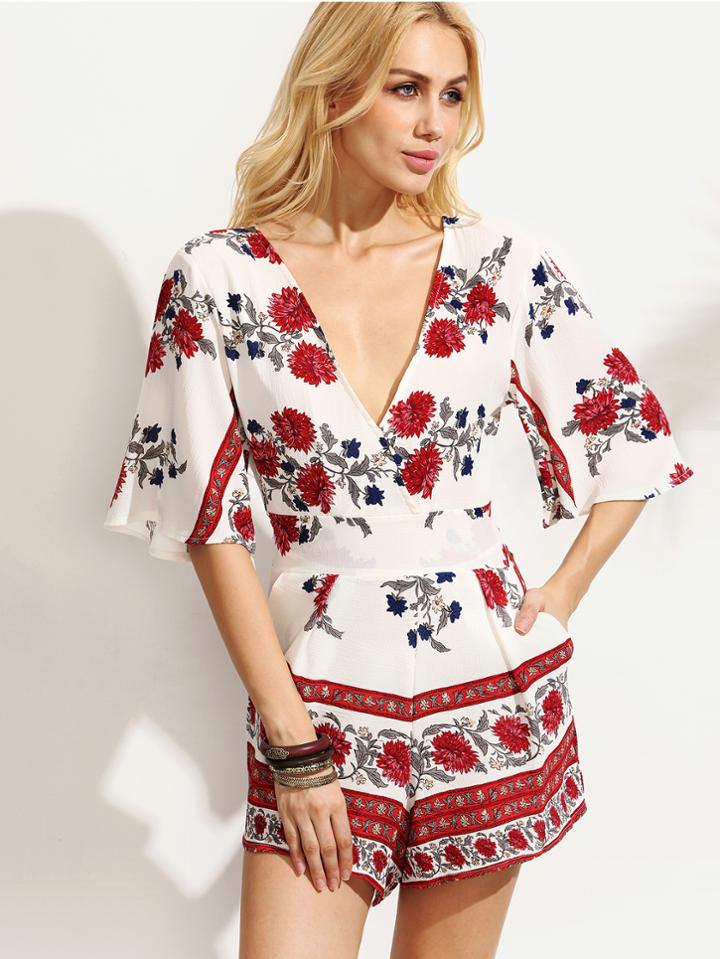 Romwe White Flower Print Deep V Neck Cutout Romper