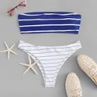 Romwe Striped Pattern Bandeau With High Cut Bikini Set