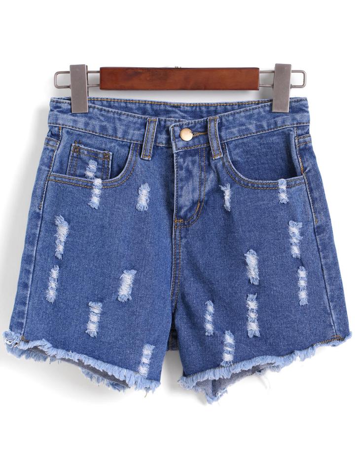 Romwe Ripped Fringe Slim Denim Shorts
