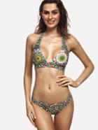 Romwe Multicolor Vintage Print Halter Neck Bikini Set